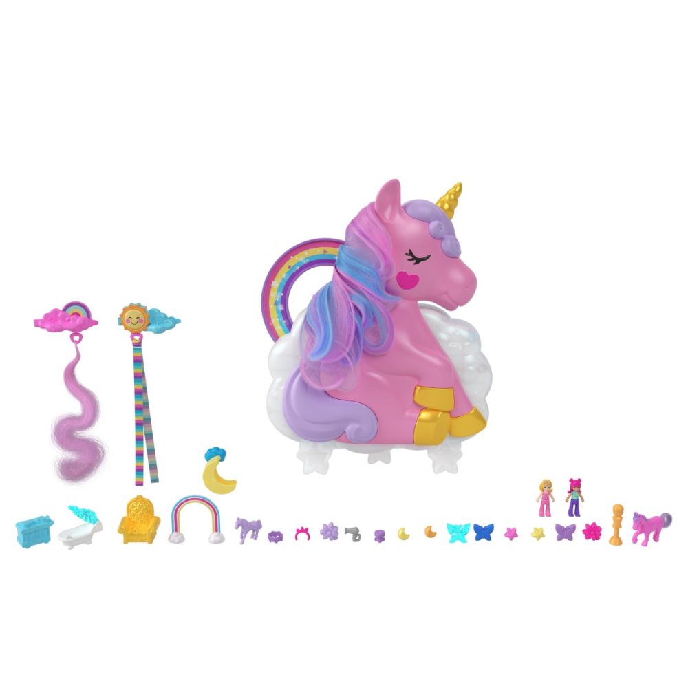 Set de joaca cu 2 mini papusi si accesorii, Polly Pocket, Rainbow Unicorn, 
