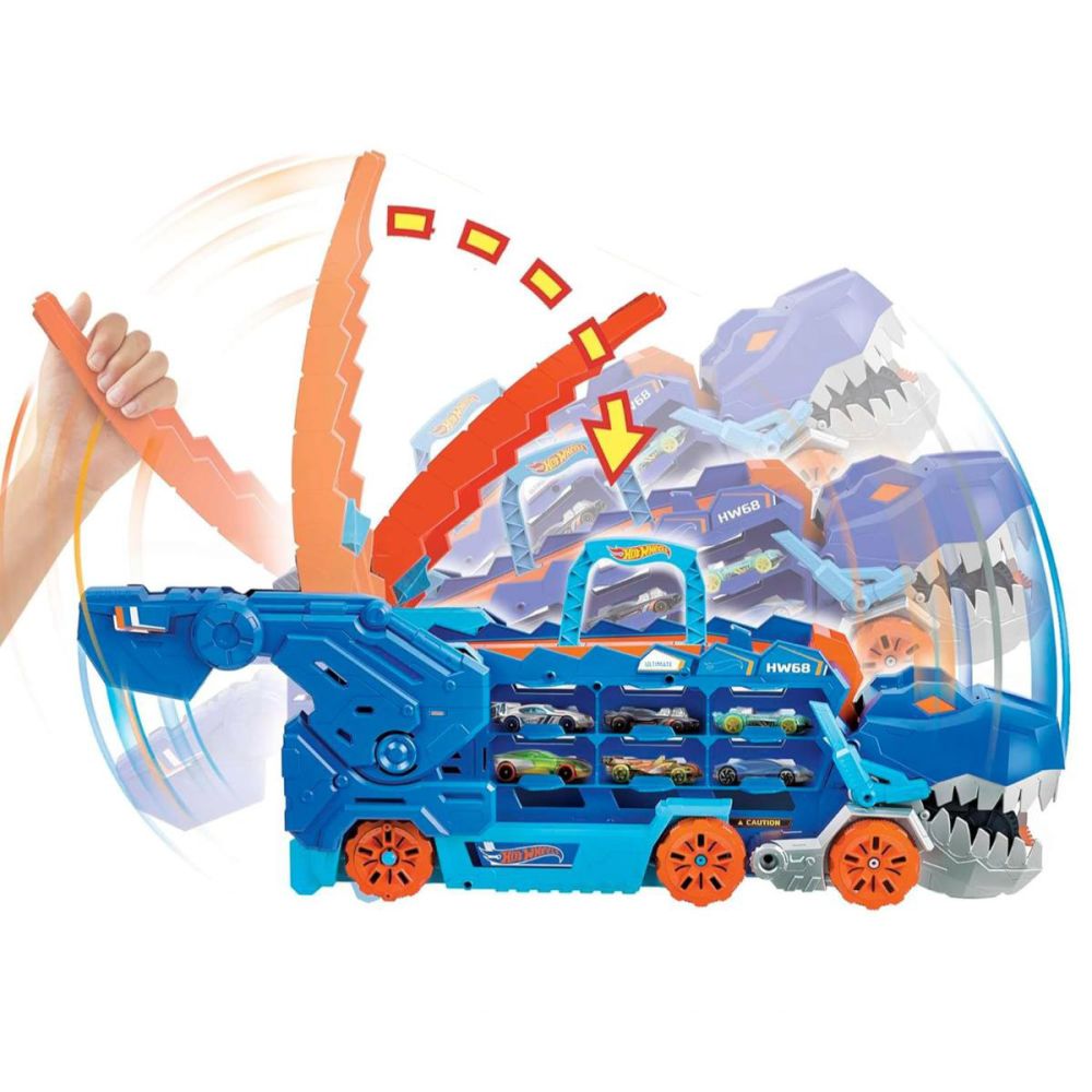 Transportator 2in1 cu doua masinute, Hot Wheels City, Ultimate T-Rex, HNG50