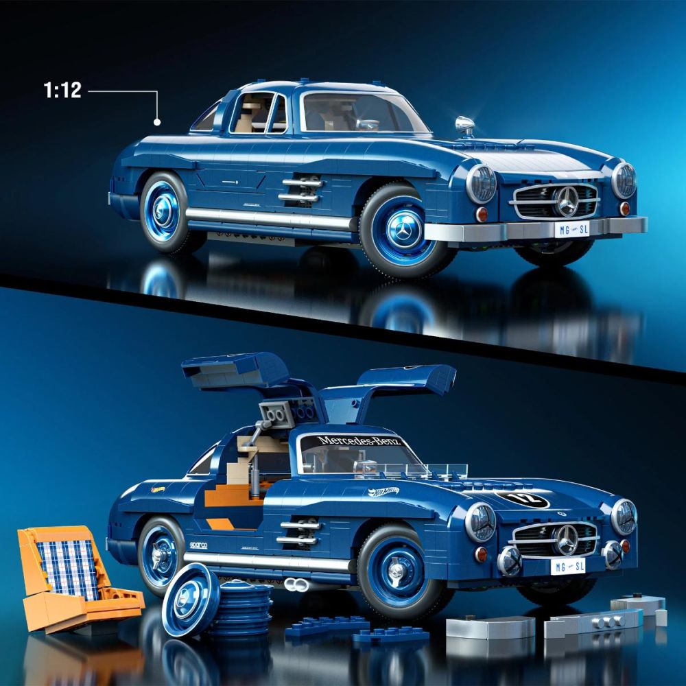 Set de constructie si masina metalica, Brick Shop, Hot Wheels, Mercedes Benz 300 SL, HWW25