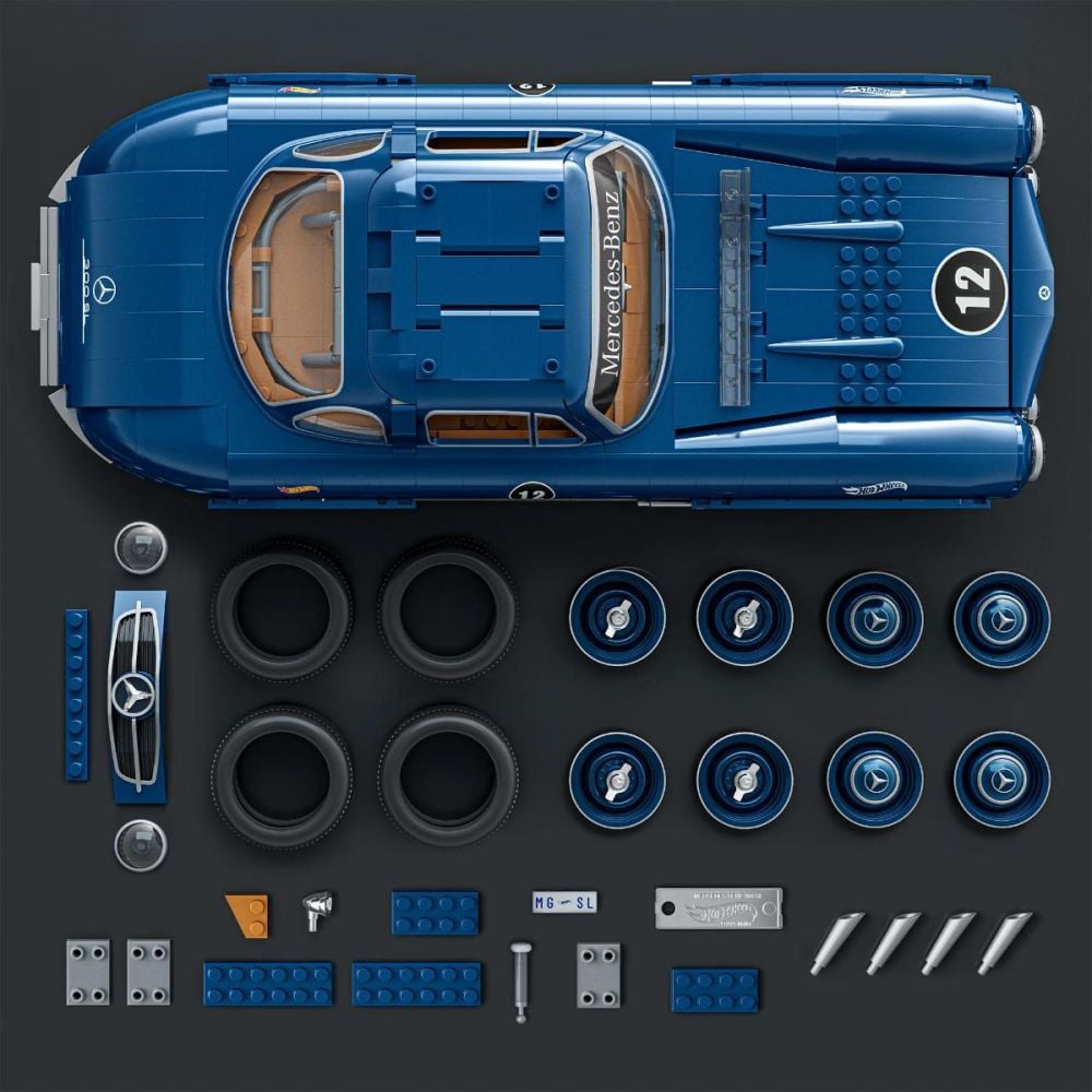 Set de constructie si masina metalica, Brick Shop, Hot Wheels, Mercedes Benz 300 SL, HWW25
