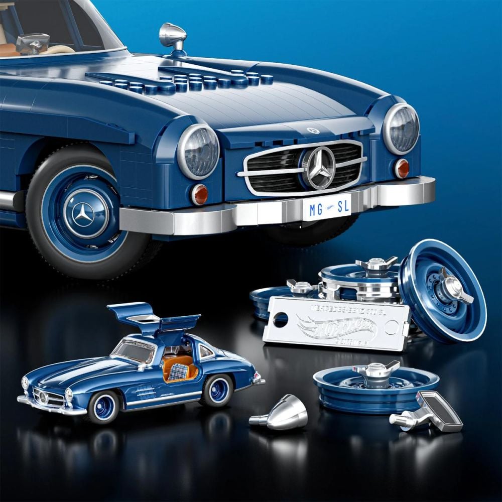 Set de constructie si masina metalica, Brick Shop, Hot Wheels, Mercedes Benz 300 SL, HWW25