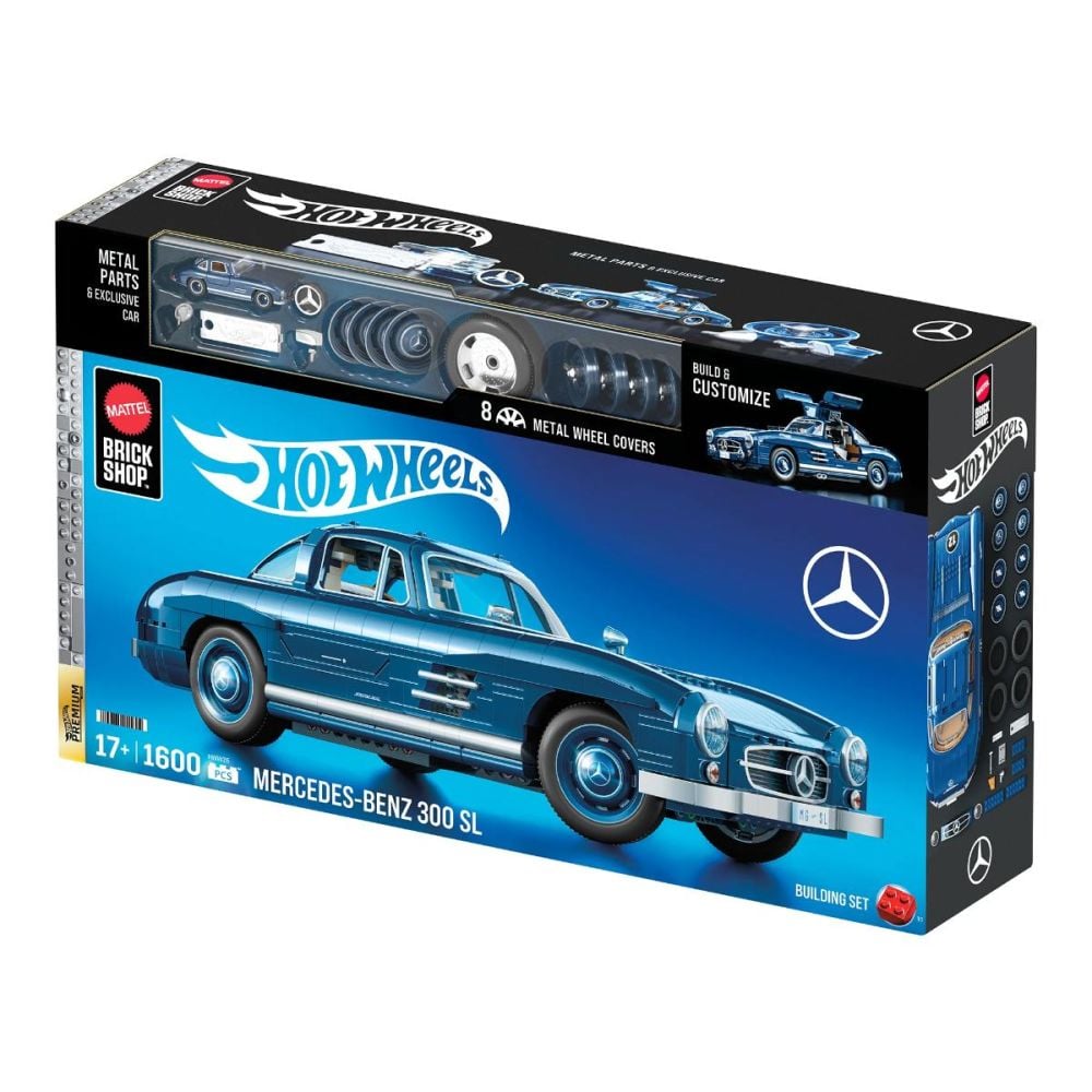 Set de constructie si masina metalica, Brick Shop, Hot Wheels, Mercedes Benz 300 SL, HWW25