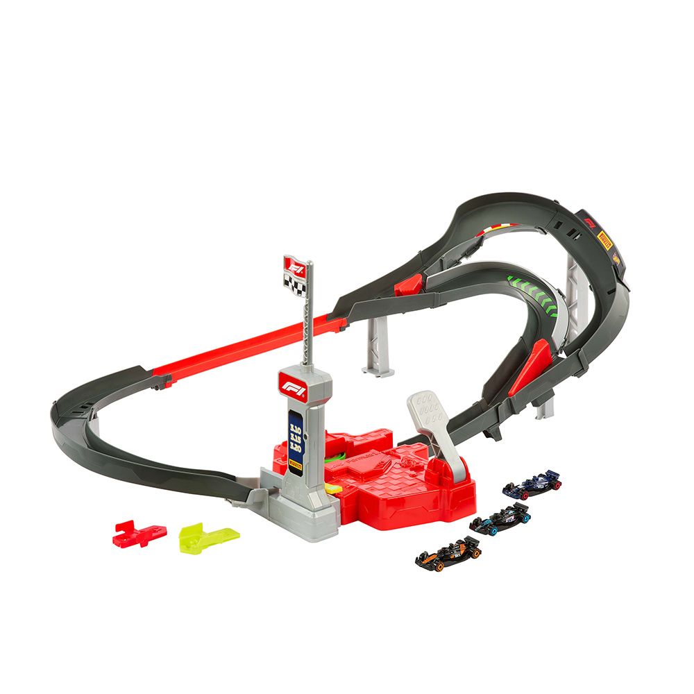 Set de joaca cu 3 masinute si piste Hot Wheels, Formula 1, JDY15