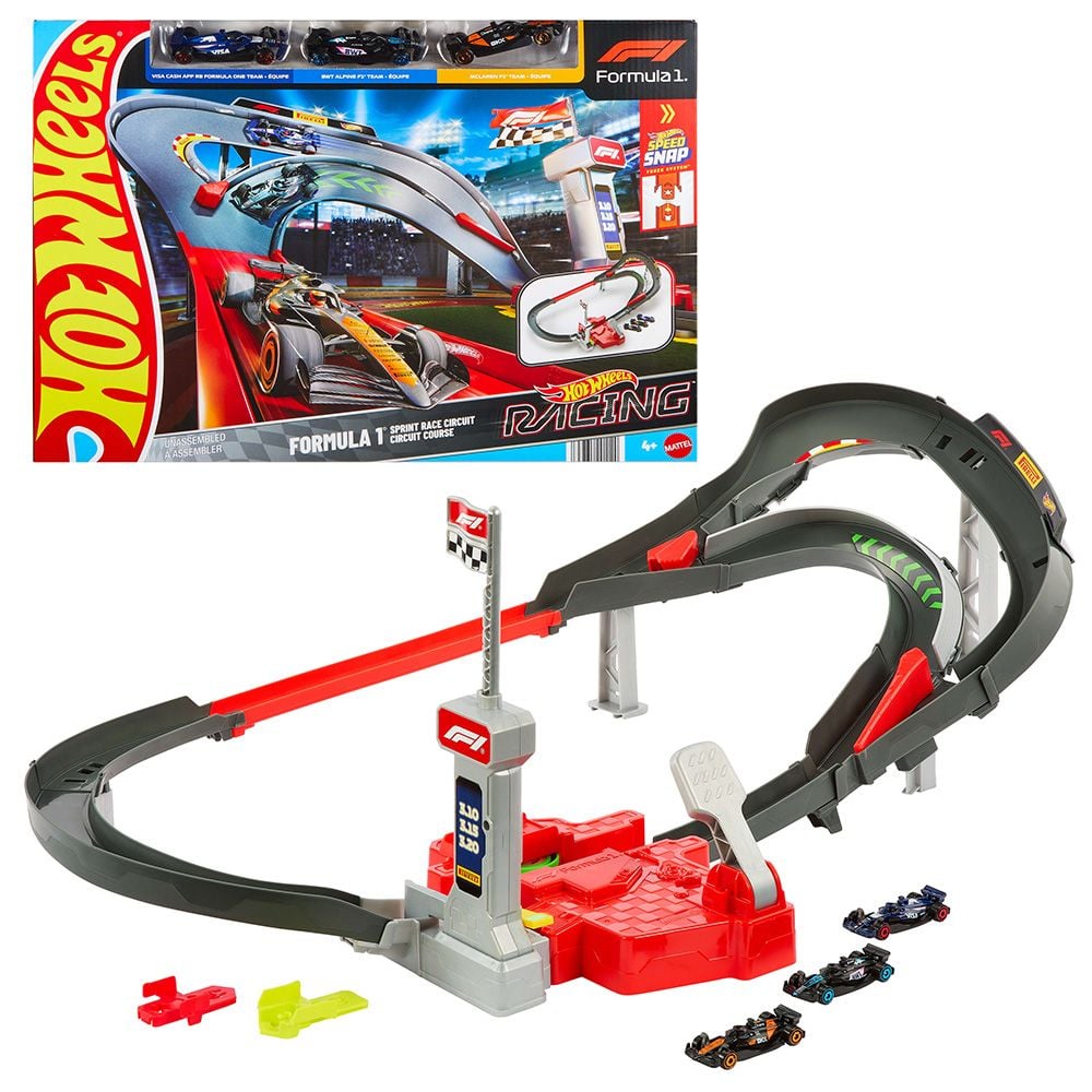 Set de joaca cu 3 masinute si piste Hot Wheels, Formula 1, JDY15