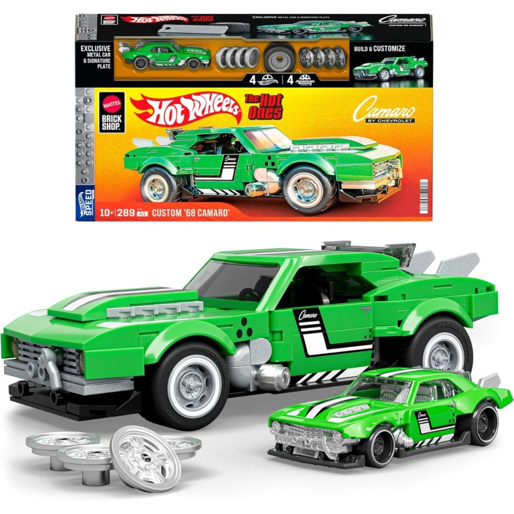 Set de constructie si masina metalica, Brick Shop, Hot Wheels, 68 Chevrolet Camaro, 289 piese, JFT16