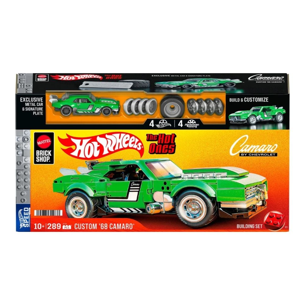 Set de constructie si masina metalica, Brick Shop, Hot Wheels, 68 Chevrolet Camaro, 289 piese, JFT16