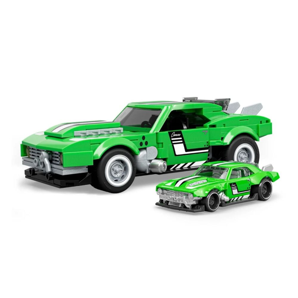 Set de constructie si masina metalica, Brick Shop, Hot Wheels, 68 Chevrolet Camaro, 289 piese, JFT16