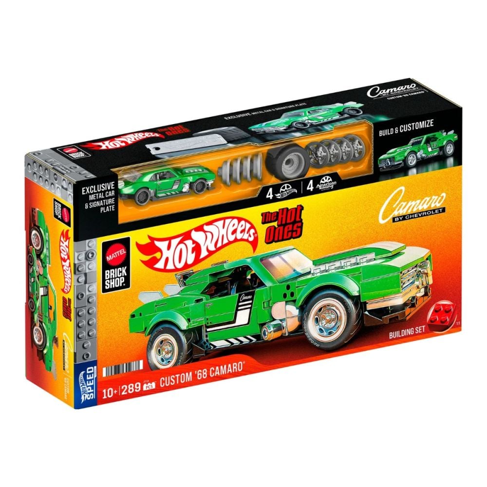 Set de constructie si masina metalica, Brick Shop, Hot Wheels, 68 Chevrolet Camaro, 289 piese, JFT16