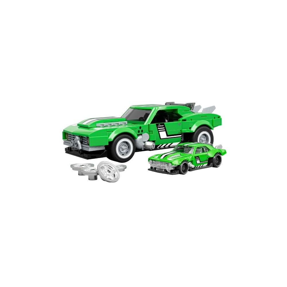 Set de constructie si masina metalica, Brick Shop, Hot Wheels, 68 Chevrolet Camaro, 289 piese, JFT16