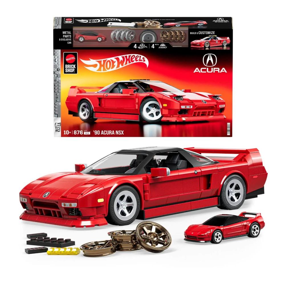 Set de constructie si masina metalica, Brick Shop, Hot Wheels, Honda Acura NSX 90, JFT17
