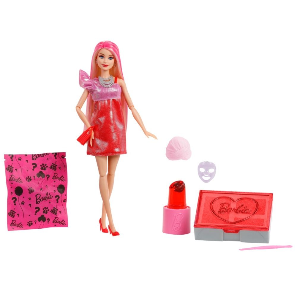 Papusa Barbie Party Unboxed, Glam Red Original, 10 surprize, JFY68