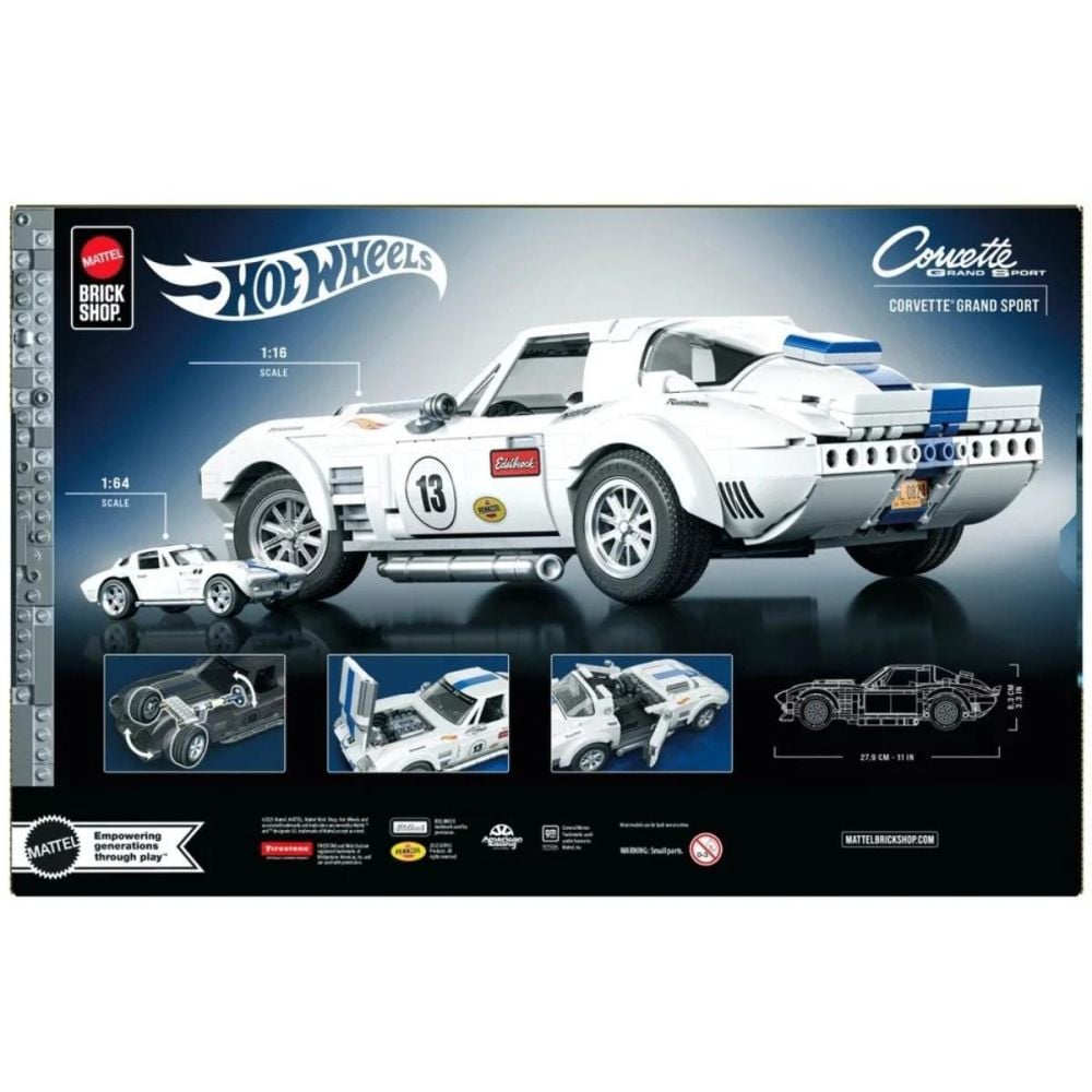 Set de constructie si masina metalica, Brick Shop, Hot Wheels, Corvette Grand Sport, 918 piese, JGR31