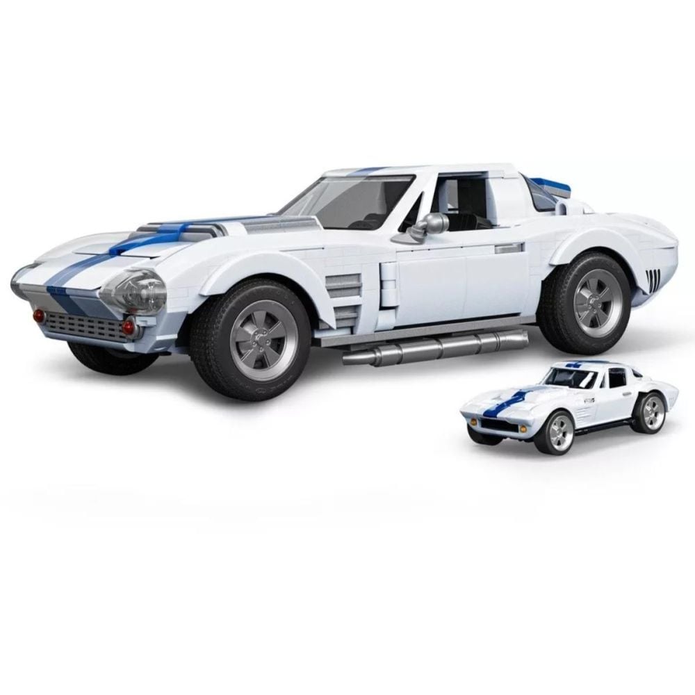 Set de constructie si masina metalica, Brick Shop, Hot Wheels, Corvette Grand Sport, 918 piese, JGR31