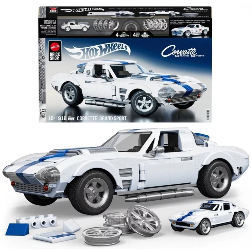 Set de constructie si masina metalica, Brick Shop, Hot Wheels, Corvette Grand Sport, 918 piese, JGR31
