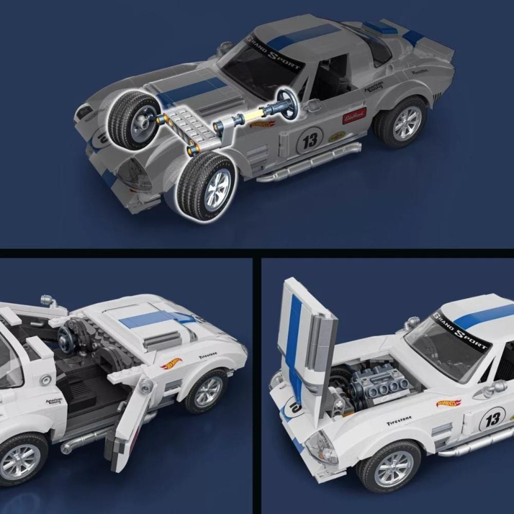 Set de constructie si masina metalica, Brick Shop, Hot Wheels, Corvette Grand Sport, 918 piese, JGR31