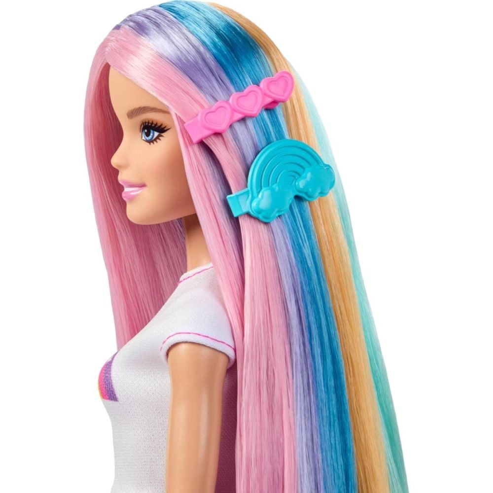Papusa cu accesorii pentru par, Barbie, Rainbow Sparkle Hair, JJP07