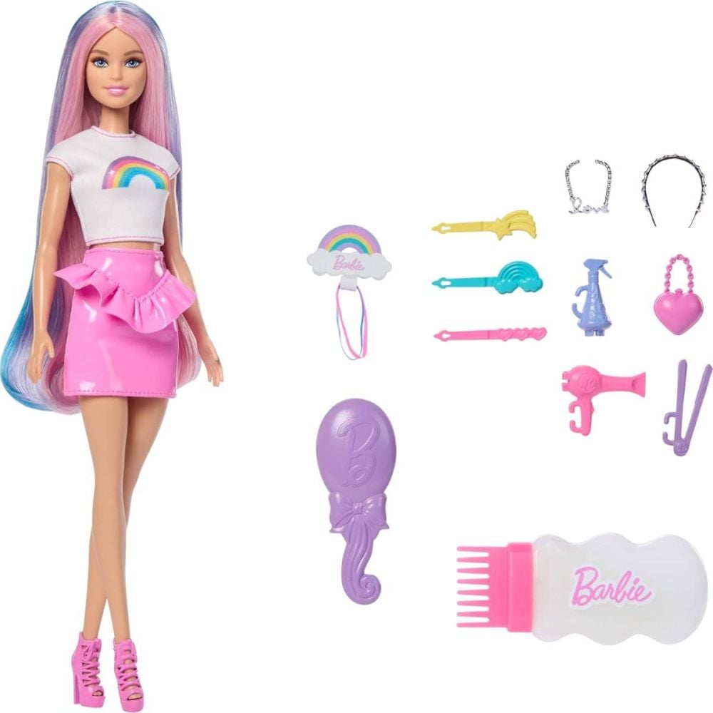 Papusa cu accesorii pentru par, Barbie, Rainbow Sparkle Hair, JJP07