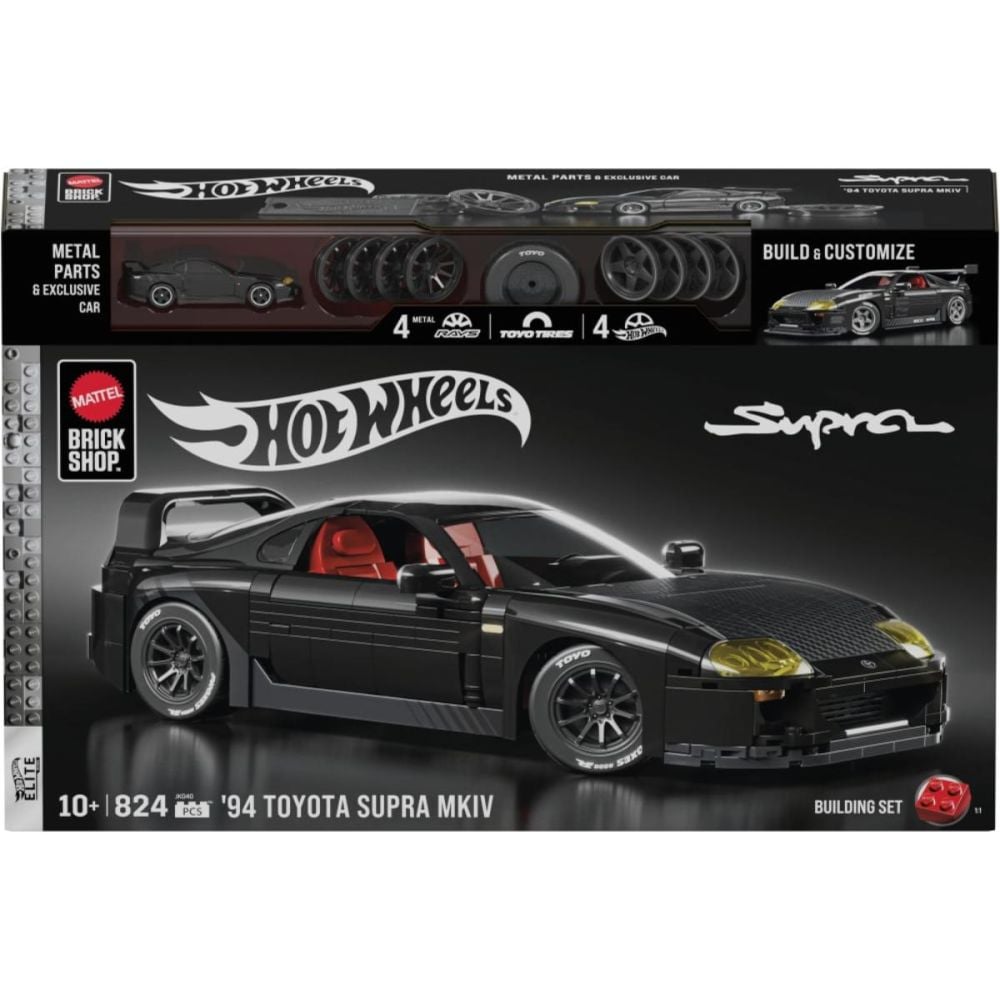 Set de constructie si masina metalica Brick Shop, Hot Wheels, Elite Series, ‘94 Toyota Supra MKIV, JKG40