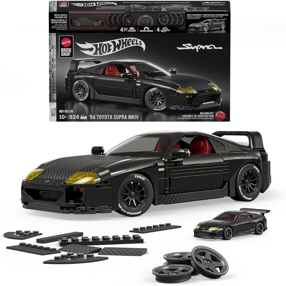 Set de constructie si masina metalica Brick Shop, Hot Wheels, Elite Series, ‘94 Toyota Supra MKIV, JKG40
