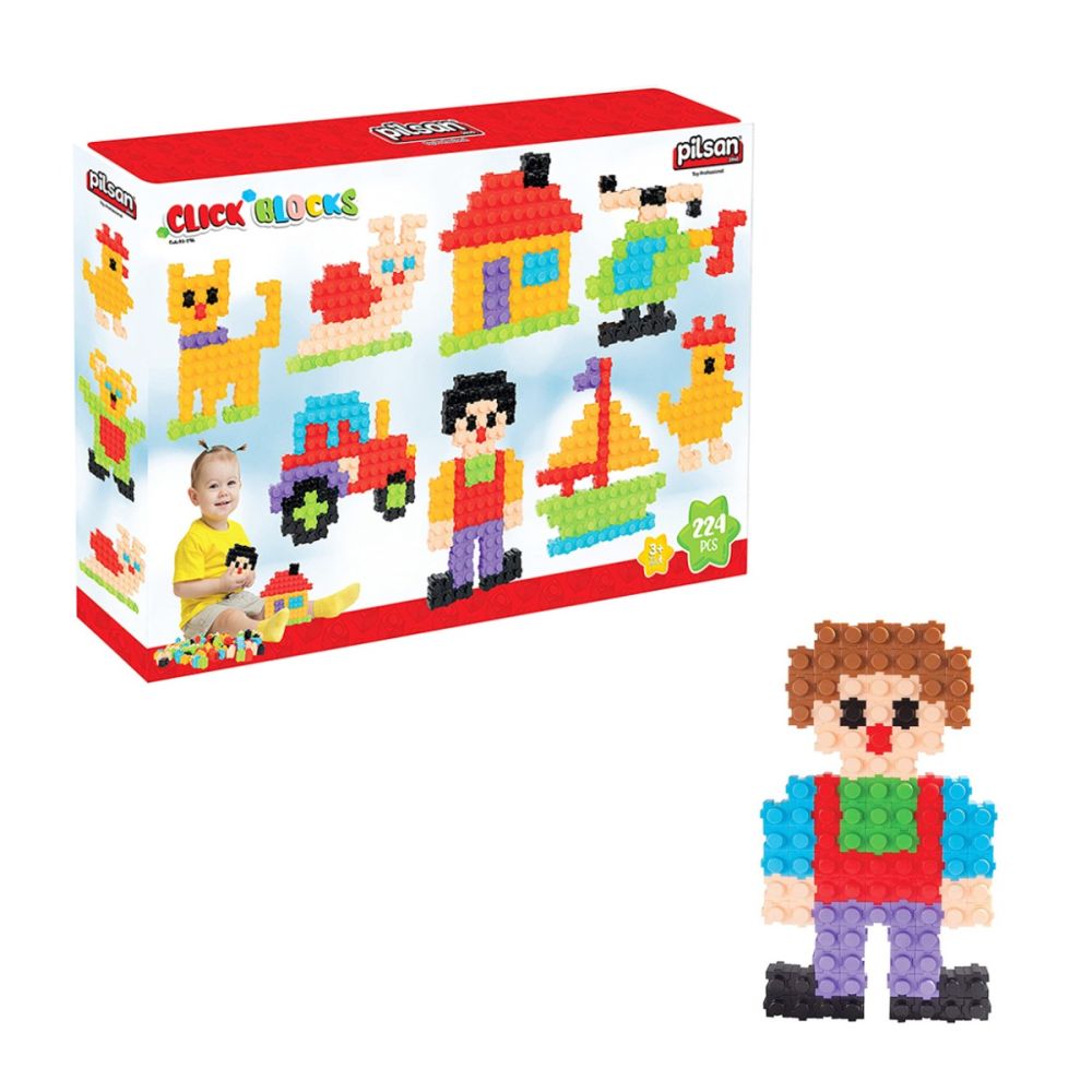 Set de joaca, cutie cu blocuri de construit, Click Blocks, Pilsan, 224 piese