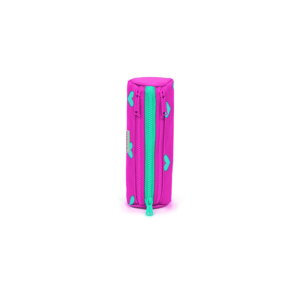 Penar cilindric cu 3 fermoare, Coral High, roz cu inimioare turcoaz