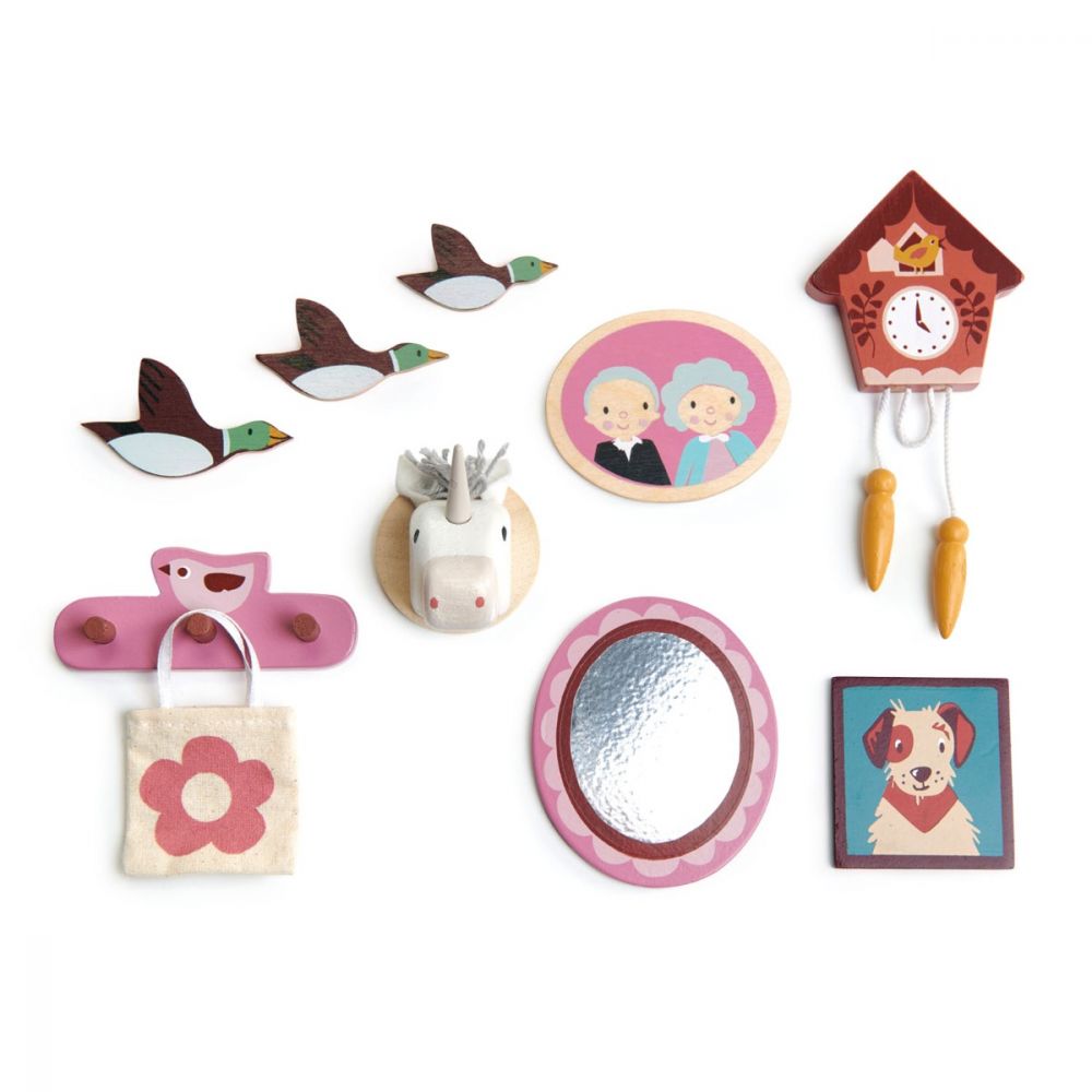 Decoratiuni pentru perete, din lemn, pentru Casute de papusa, Tender Leaf Toys, 10 piese