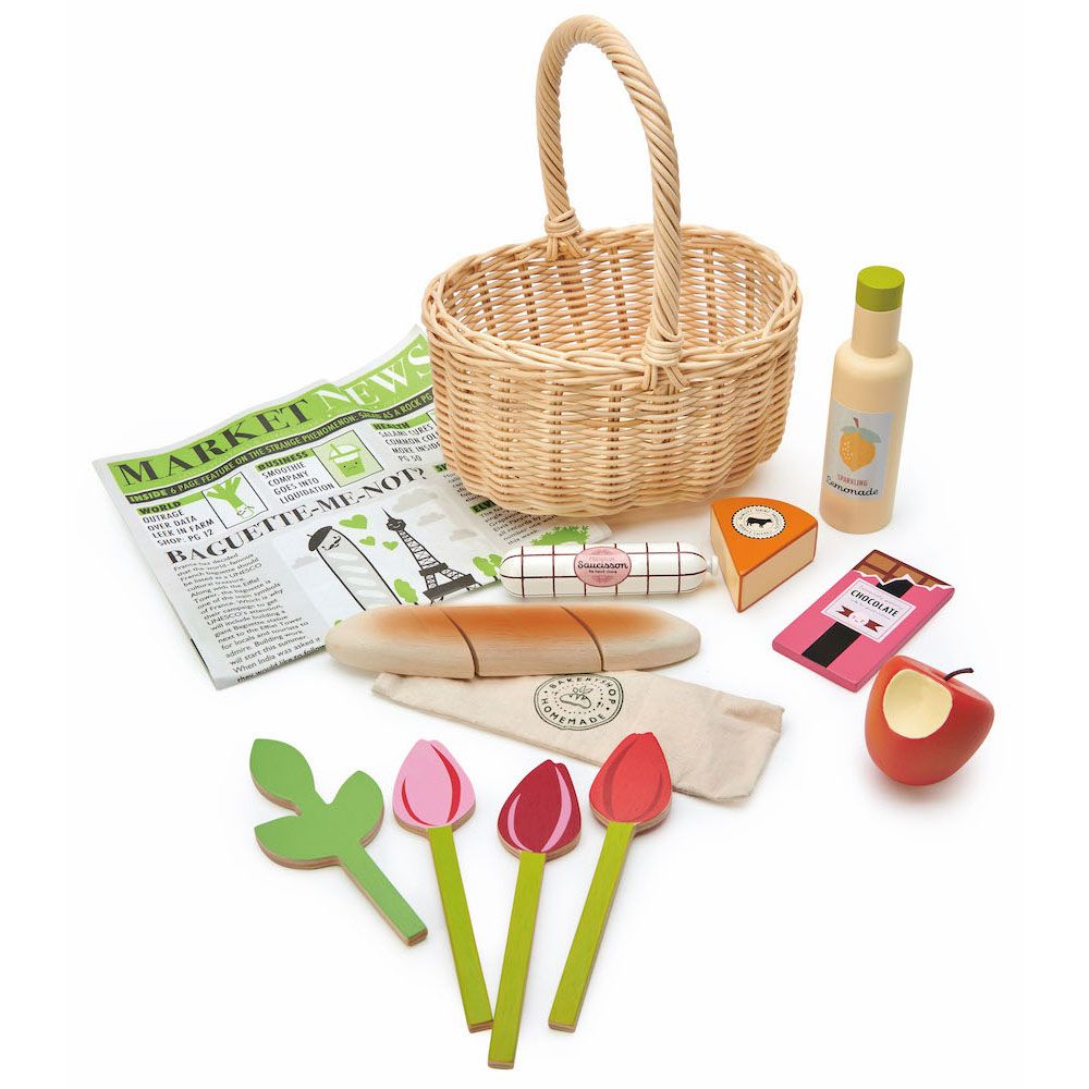 Cos de cumparaturi din rachita din lemn premium, Tender Leaf Toys, 13 piese