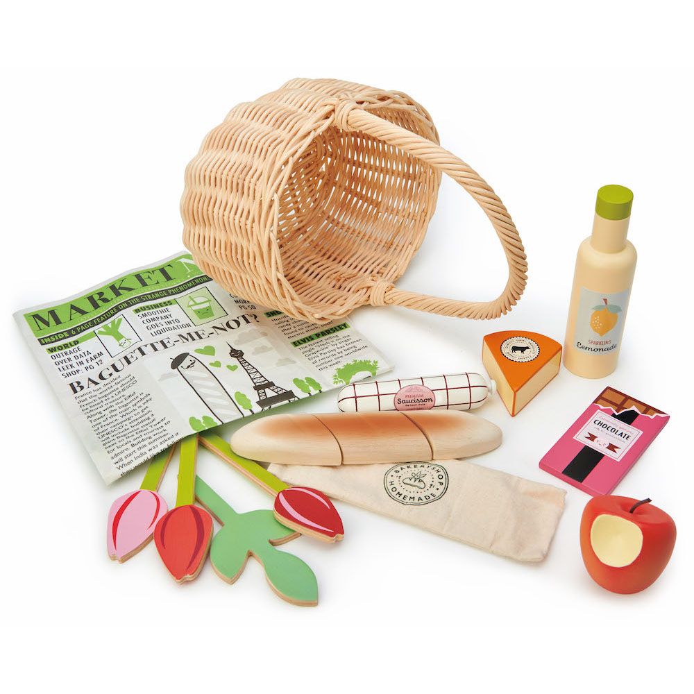 Cos de cumparaturi din rachita din lemn premium, Tender Leaf Toys, 13 piese