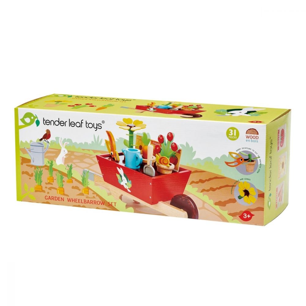 Set de joaca din lemn, Roaba cu unelte de gradinarit Tender Leaf Toys, 31 piese