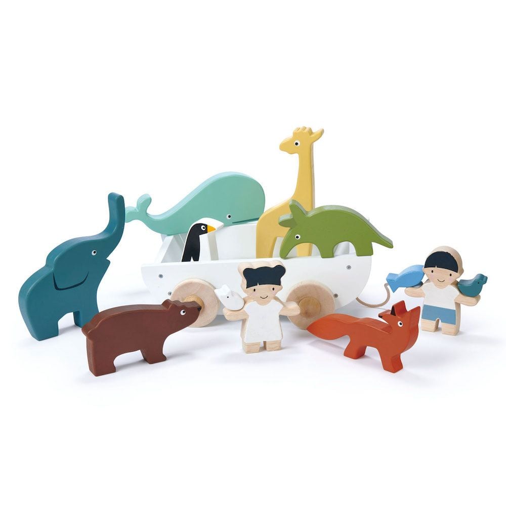 Corabia cu animalute din lemn premium, Tender Leaf Toys, 12 piese