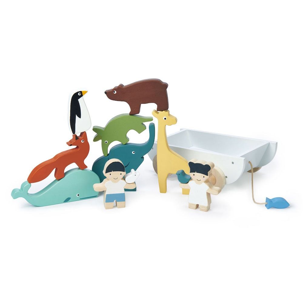 Corabia cu animalute din lemn premium, Tender Leaf Toys, 12 piese