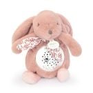 Veioza muzicala cu proiectie, Doudou, Iepuras pufos, 19 cm, Roz
