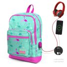 Ghiozdan cu 4 compartimente, Coral High, cu USB, turcoaz cu flamingo
