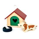 Set cu figurina din lemn, catel, pentru Casute de papusi, Tender Leaf Toys, 4 piese