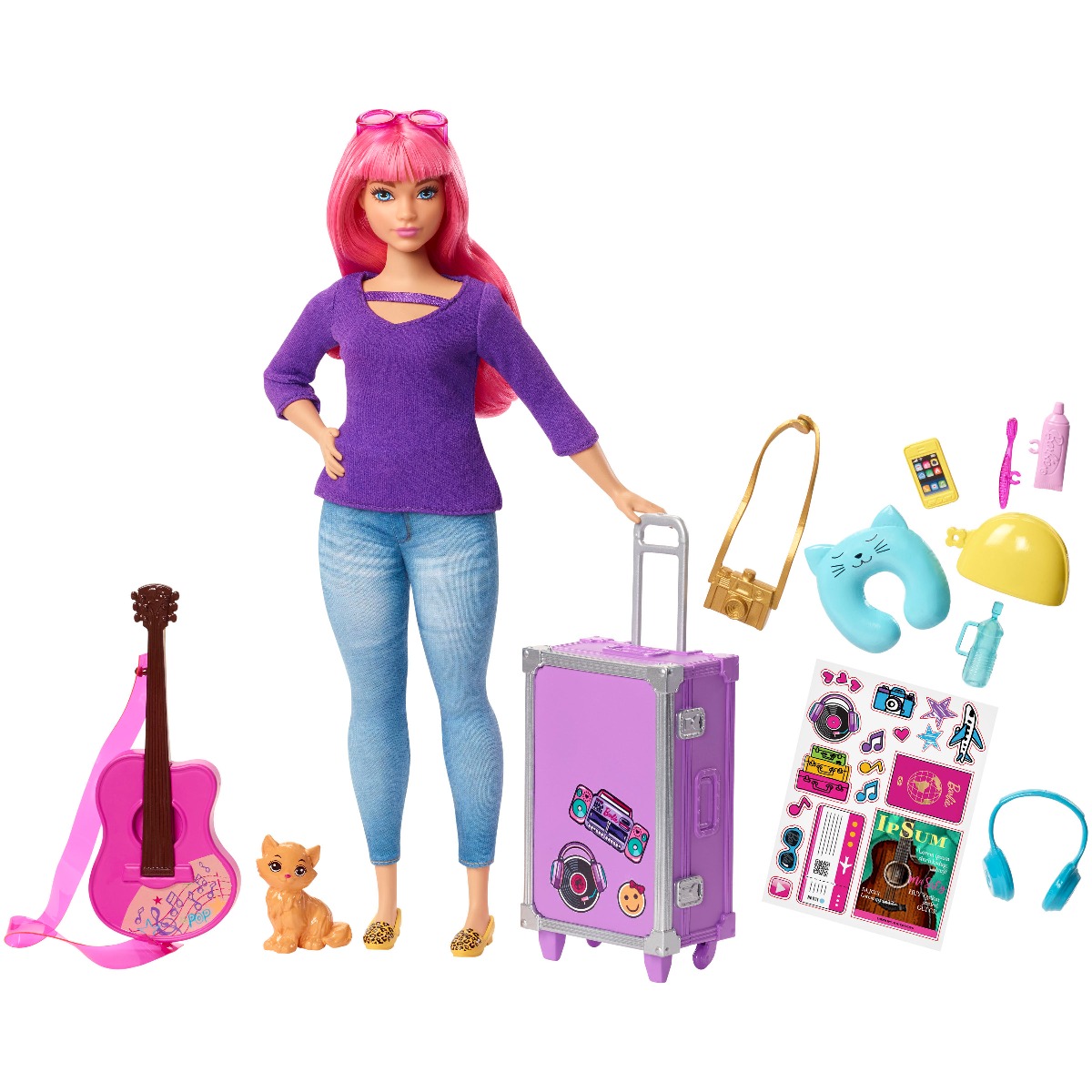 Papusa barbie travel, daisy cu accesorii de calatorie