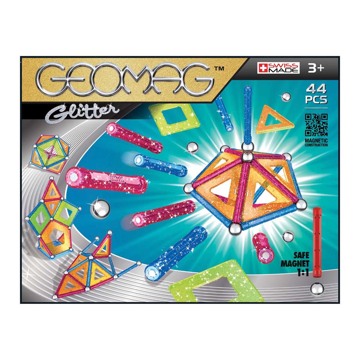 Joc de constructie magnetic Geomag Glitter, 44 piese Geomag