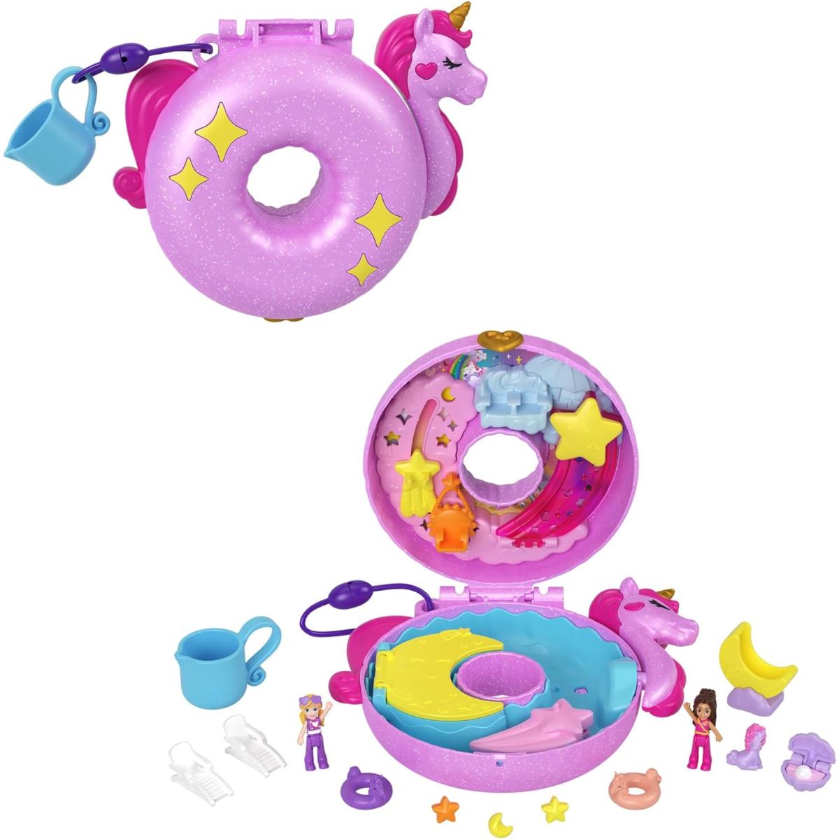 Set de joaca cu 2 papusi si 12 accesorii Polly Pocket, Unicorn Floatie, HKV34