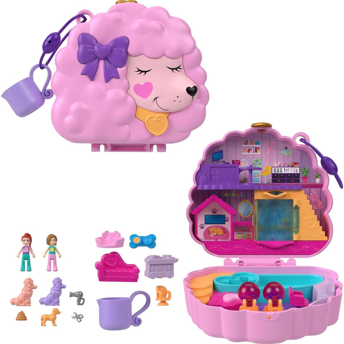 Set de joaca cu 2 papusi si 12 accesorii Polly Pocket, Groom & Glam Poodle, HKV35