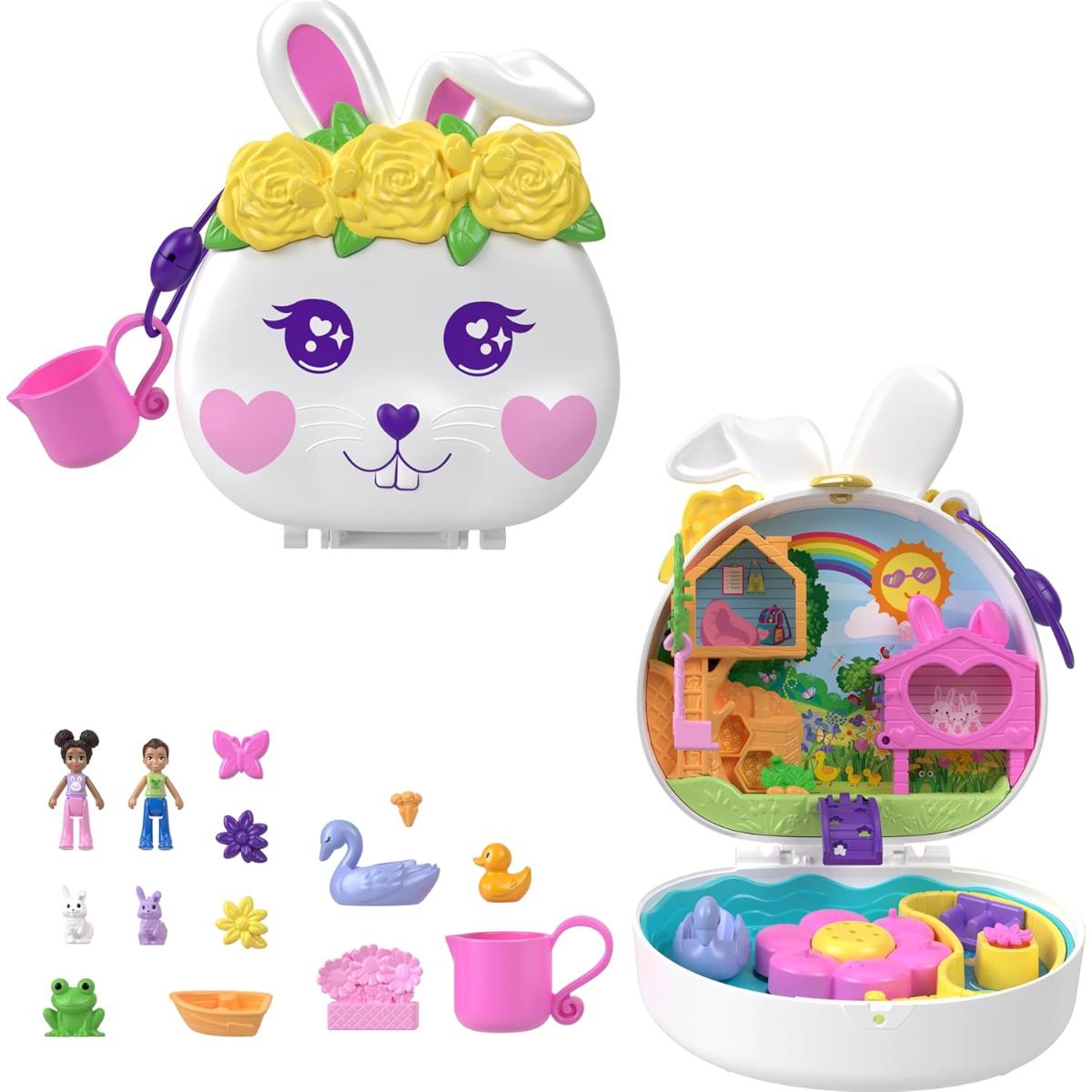 Set de joaca cu 2 papusi si 12 accesorii Polly Pocket, Flower Garden Bunny, HKV36