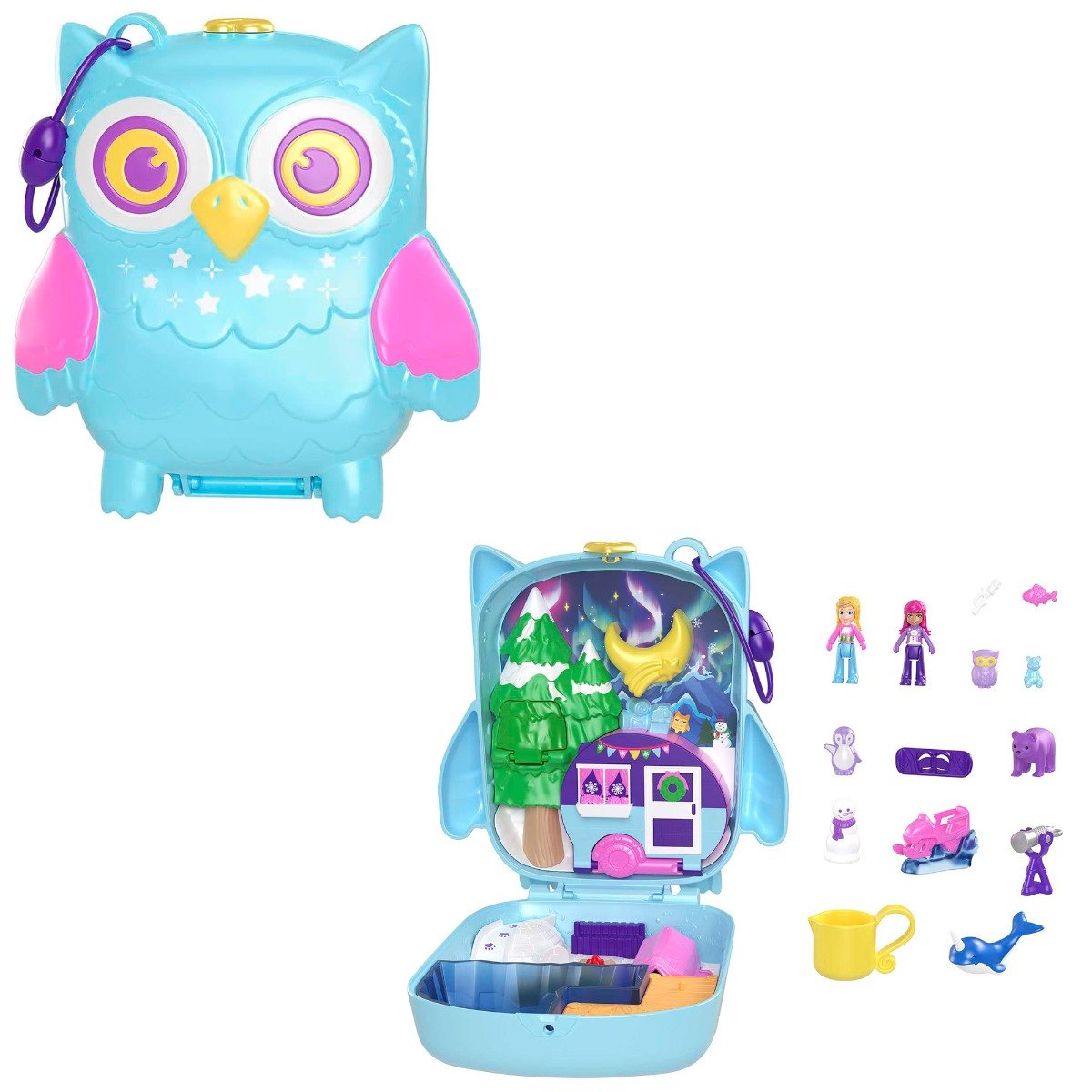 Set de joaca cu 2 papusi si 12 accesorii Polly Pocket, Snowy Sleepover Owl, HKV37