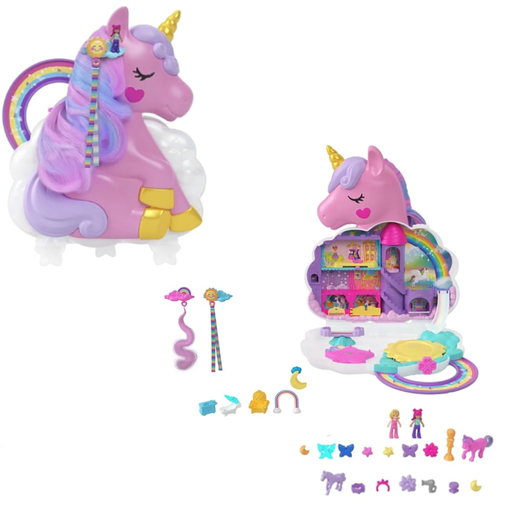 Set de joaca cu 2 mini papusi si accesorii, Polly Pocket, Rainbow Unicorn, HKV51