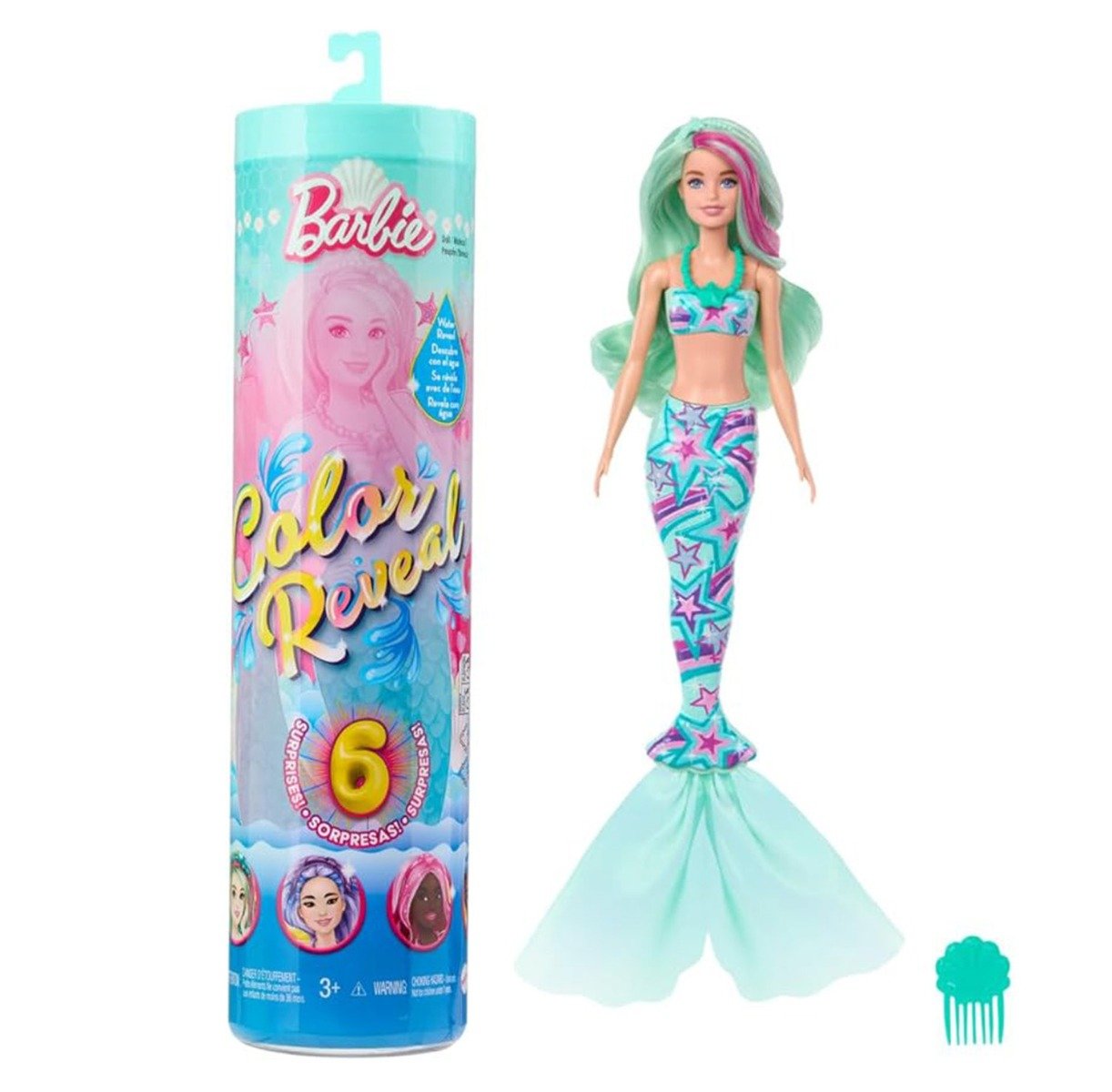 Papusa surpriza, Barbie, Color Reveal, Mermaid, 6 surprize, HRK12