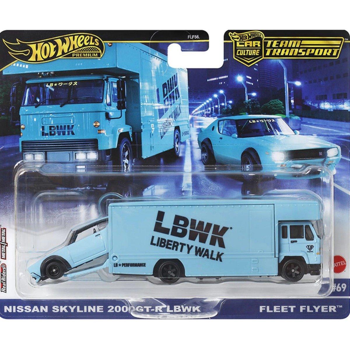 Transportator cu masinuta Hot Wheels, Nissan Skyline 2000GT-R LBWK si Fleet Flyer, HRV45