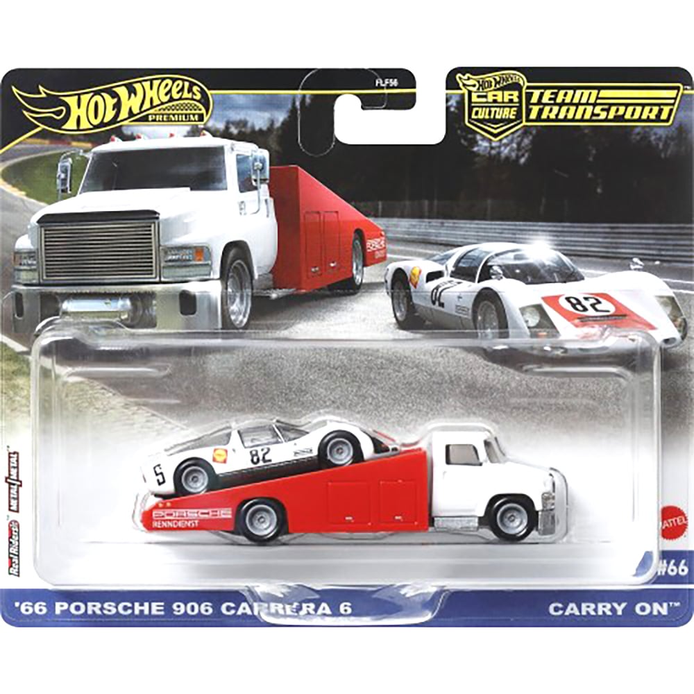 Transportator cu masinuta Hot Wheels, 66 Porsche 906 Carrera si Carry On, HRV47