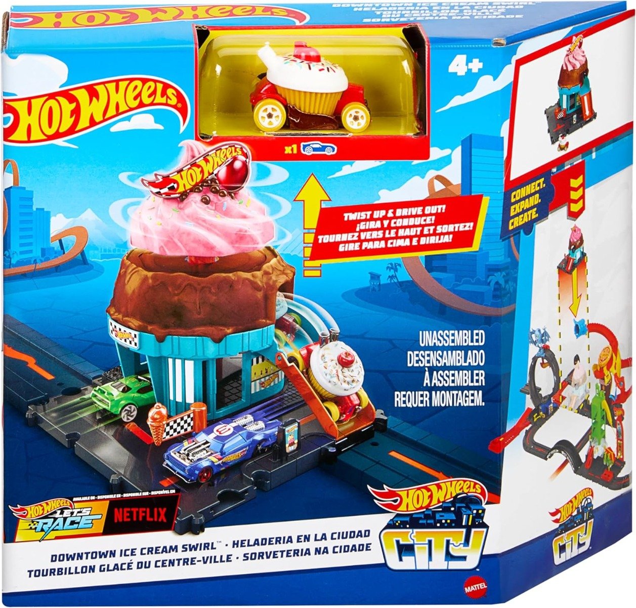 Set de joaca cu masinuta, Hot Wheels, Downtown Ice Cream Swirl, HTN77