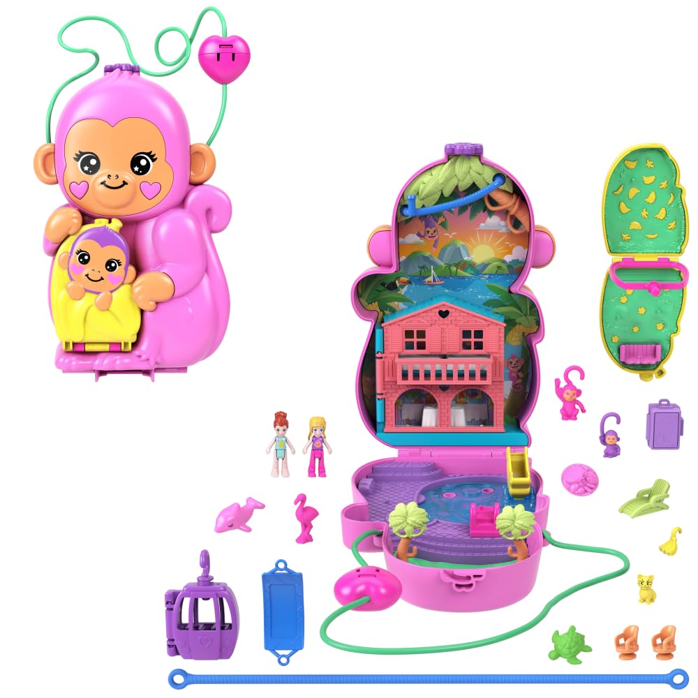 Set de joaca cu 2 papusi si accesorii in gentuta, Polly Pocket, Momma Monkey & Baby, HWP04