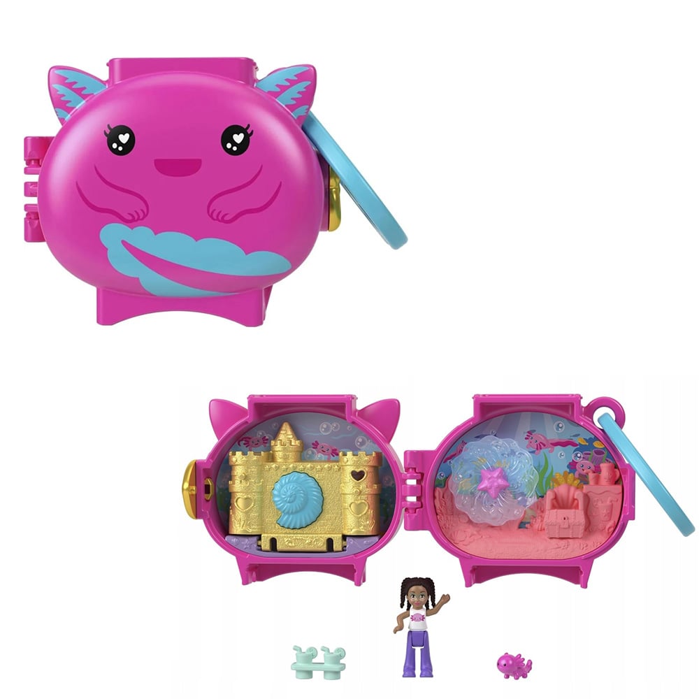 Mini gentuta in forma de animalut cu accesorii, Polly Pocket, Axolotl, HXX22