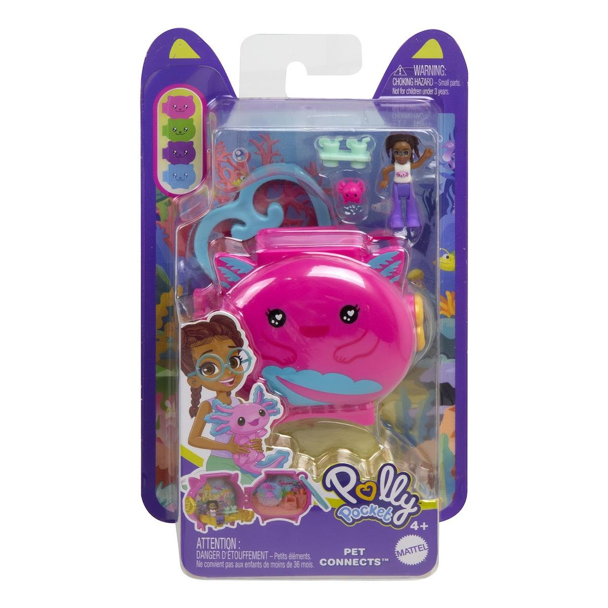 Mini gentuta in forma de animalut cu accesorii, Polly Pocket, Axolotl, HXX22