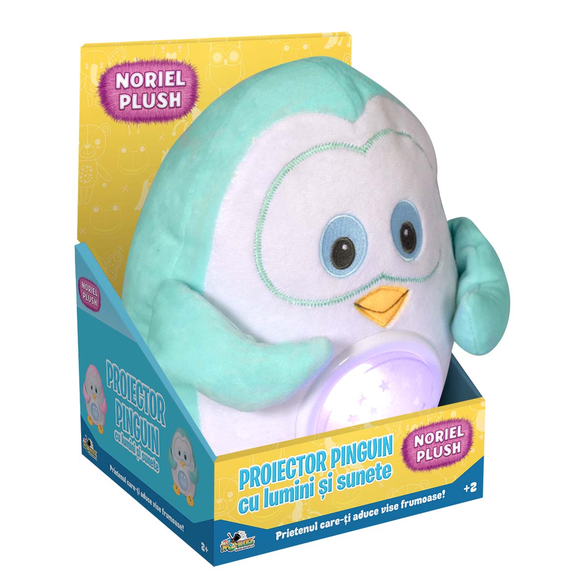Jucarie de plus cu proiector Led Noriel, Pinguin, 24 cm, Albastru