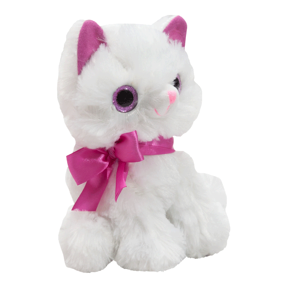 jucarie de plus noriel plush – pisicuta alba cu fundita roz, 20 cm